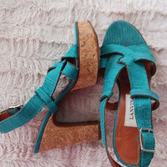 Lanvin Teal Platform Cork Sandals Heels Size 6 - Picture 6 of 8